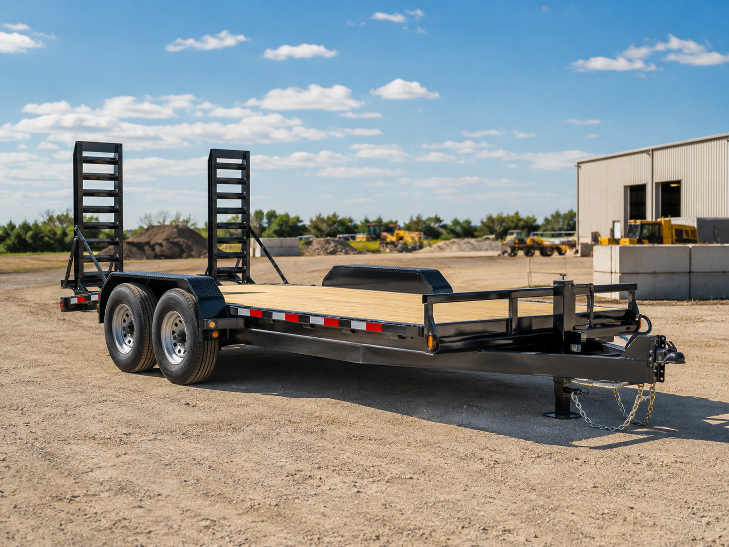 Heavy-duty equipment trailer in industrial yard