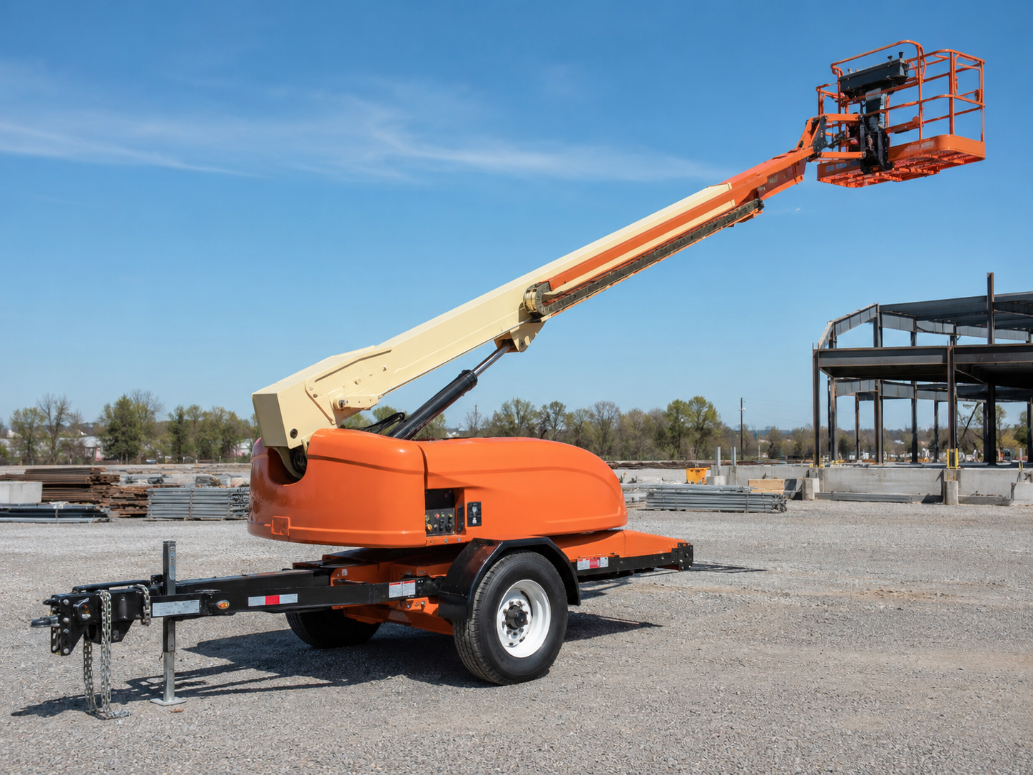 Towable boom lift at a worksite